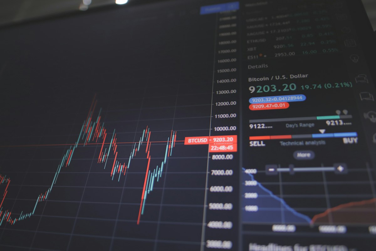 Stock market electronic trading board displaying Nasdaq composite movements, equity percentages, and index fluctuations